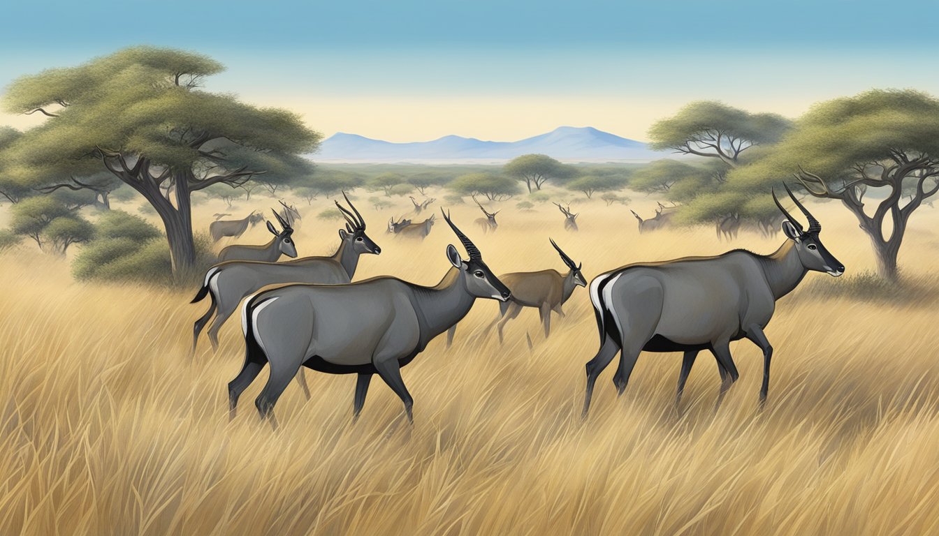 A group of hunters tracking nilgai antelope in a grassy savanna with scattered trees and a clear blue sky overhead