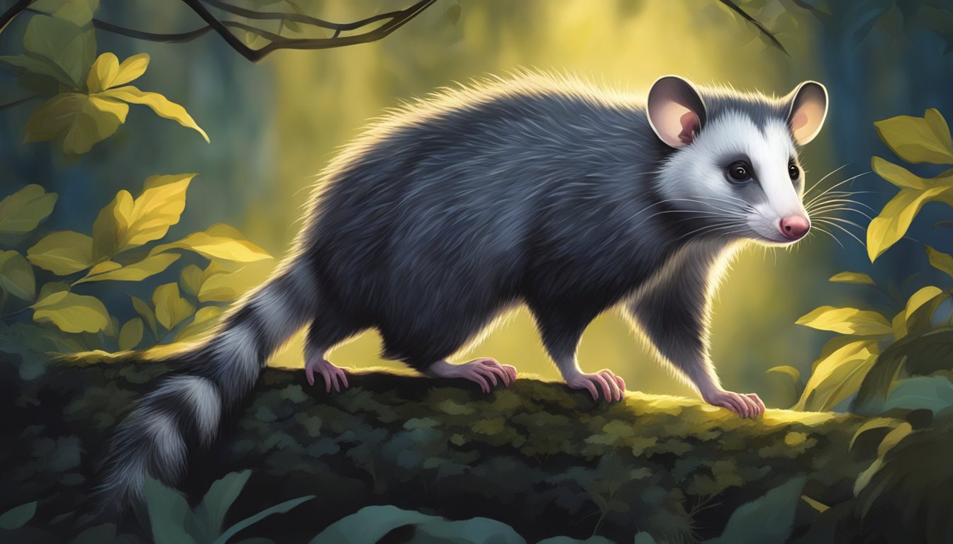 An opossum cautiously forages for food at night, illuminated by the moonlight filtering through the dense forest canopy