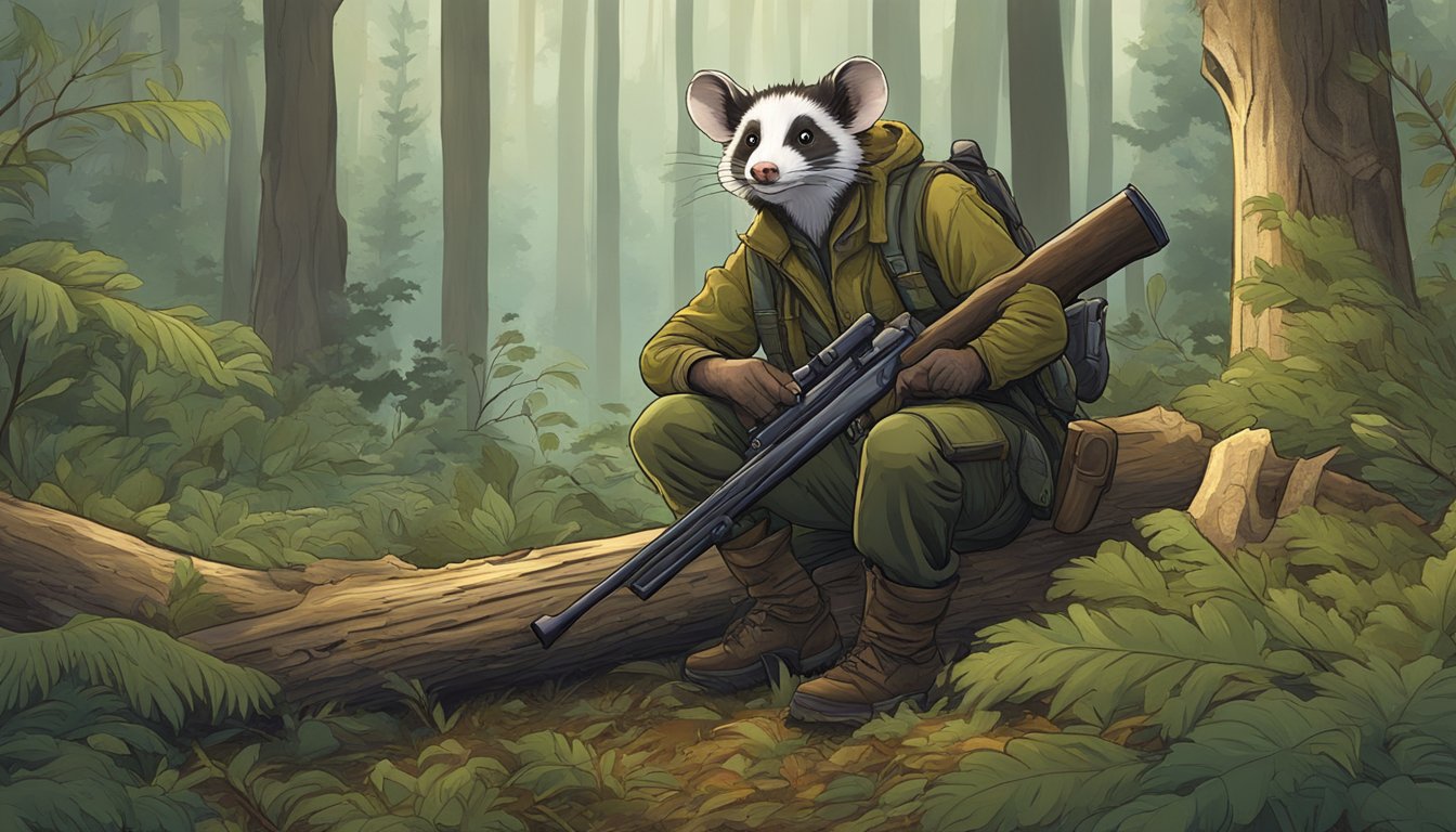 A hunter with a rifle in a forest clearing, surrounded by trees and bushes, with an opossum peeking out from behind a fallen log