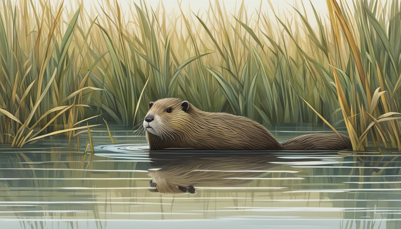 A nutria swimming in a marshy wetland, surrounded by tall grasses and cattails