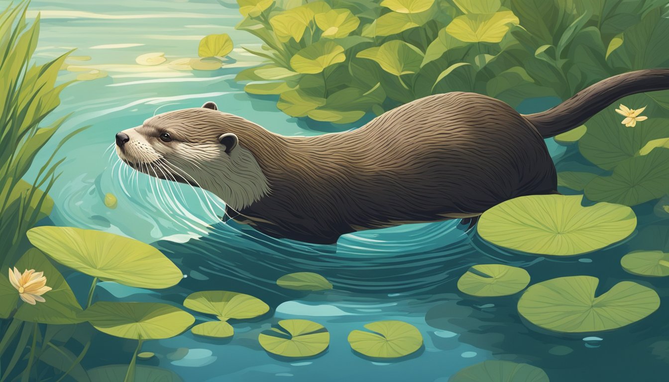 An otter glides through a serene river, surrounded by lush greenery and vibrant aquatic plants. The sun glistens on the water's surface as the otter dives in search of its prey