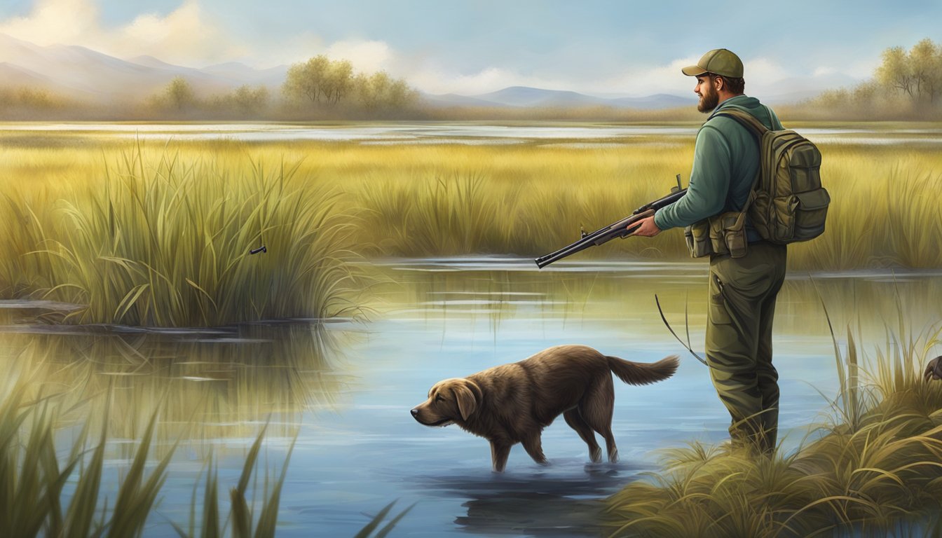 A hunter with a rifle and a dog in a wetland marsh, targeting nutria during hunting season