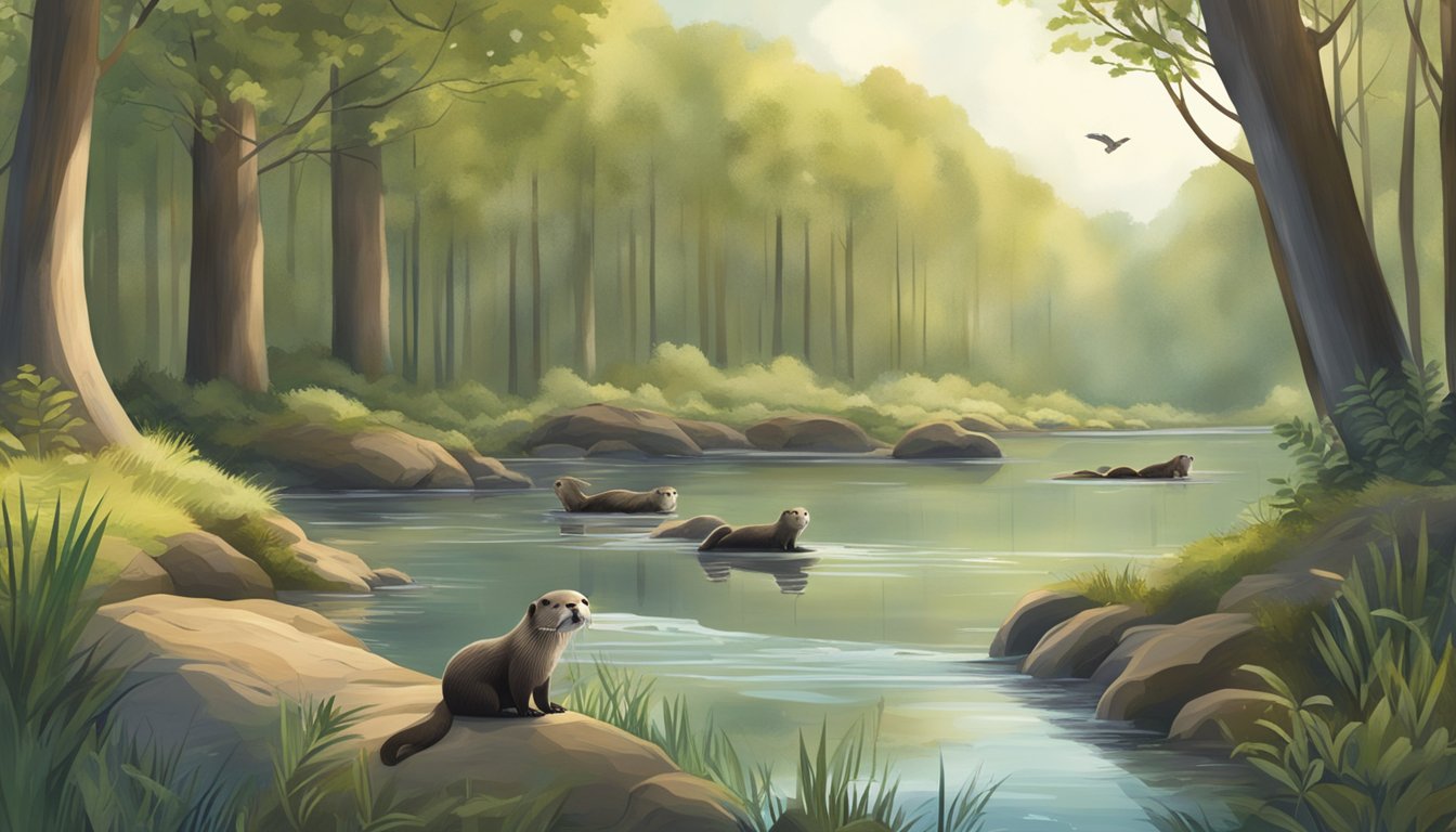 A tranquil riverbank with otters playing, surrounded by a forest with signs indicating the start of otter hunting season