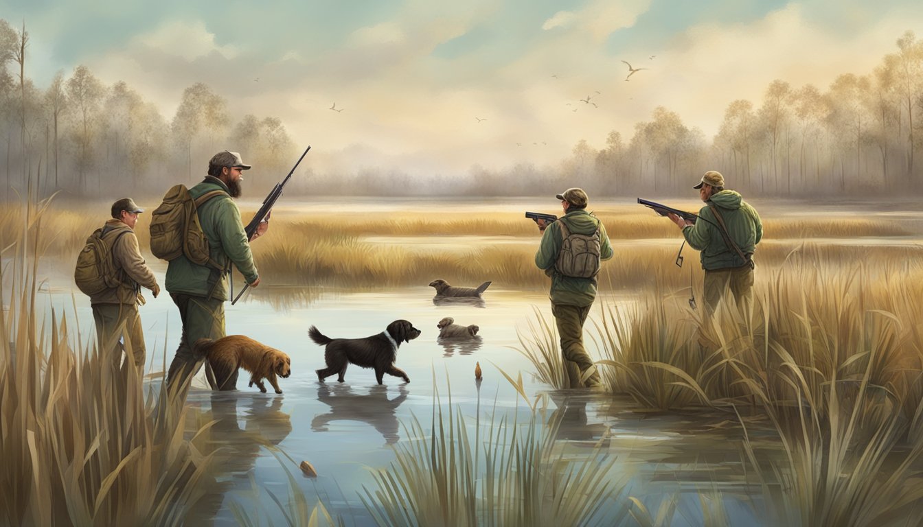 A group of hunters with dogs and rifles tracking nutria in a wetland marsh