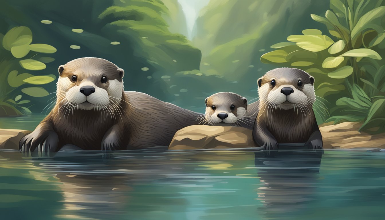 Otters swimming in a tranquil river, surrounded by lush greenery and rocky banks