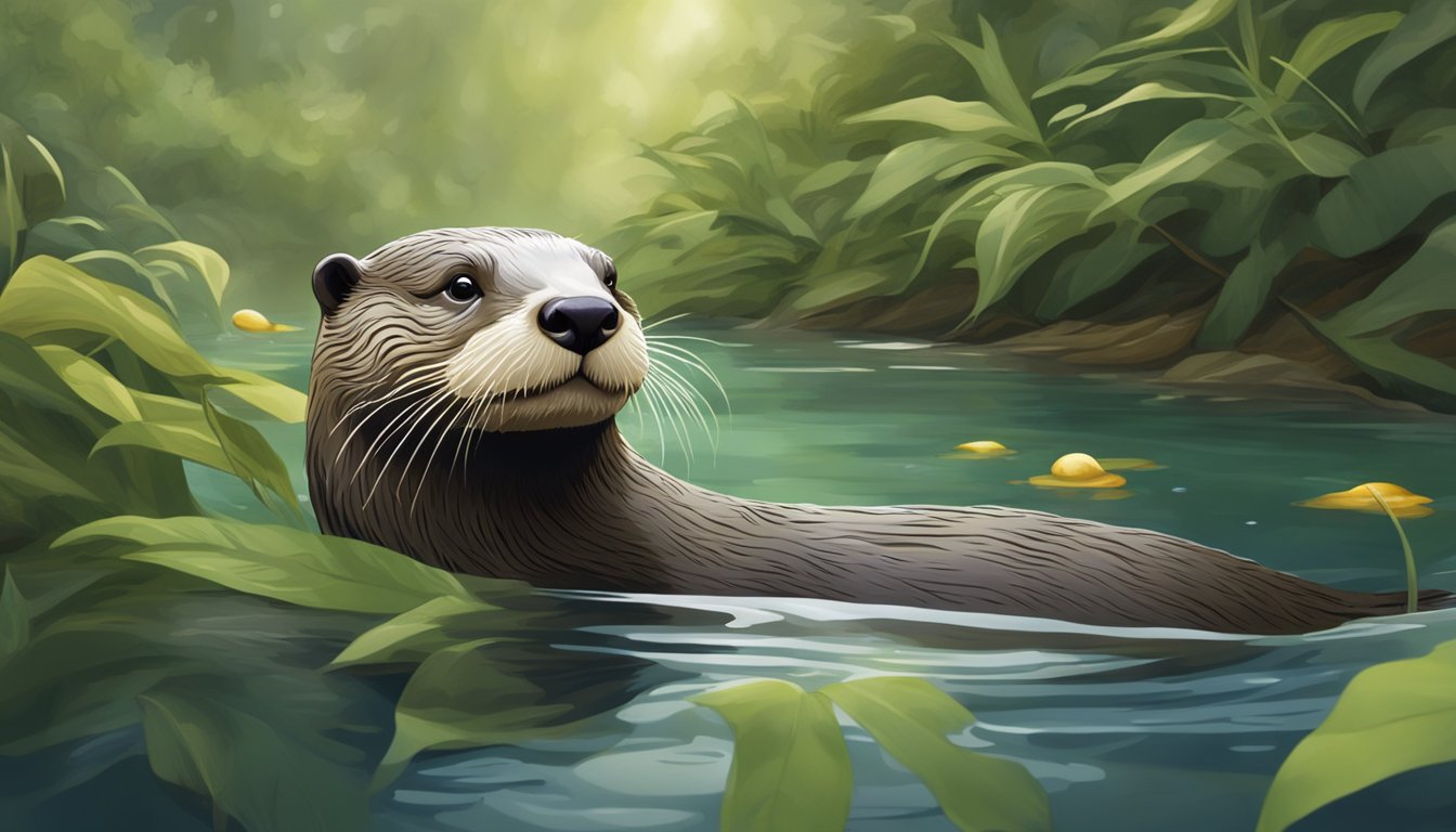 An otter swimming peacefully in a natural river setting, surrounded by lush vegetation and clear water