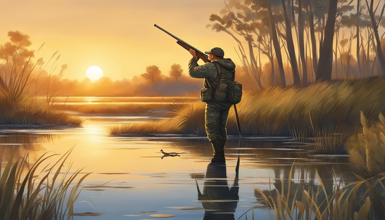 A hunter in camouflage aims a rifle at a nutria in a marshy wetland. The setting sun casts a warm glow over the scene