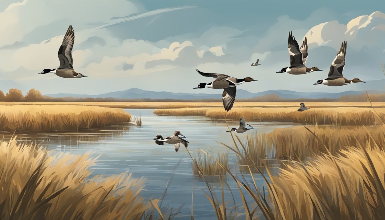 A group of pintail ducks flying over a wetland area with hunters in camouflage preparing for the hunting season