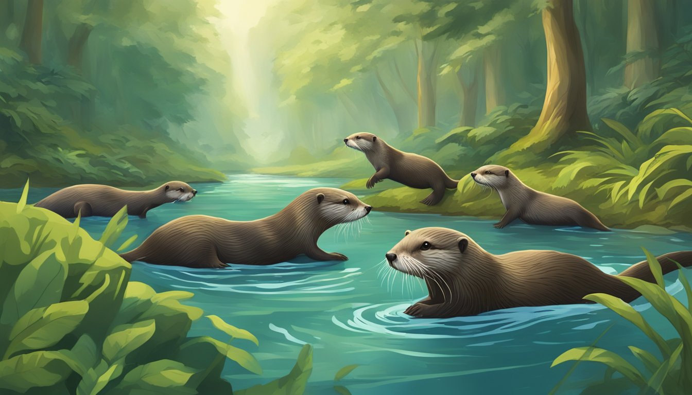 A group of otters swimming in a river, chasing after fish and diving beneath the water in a lush, forested setting