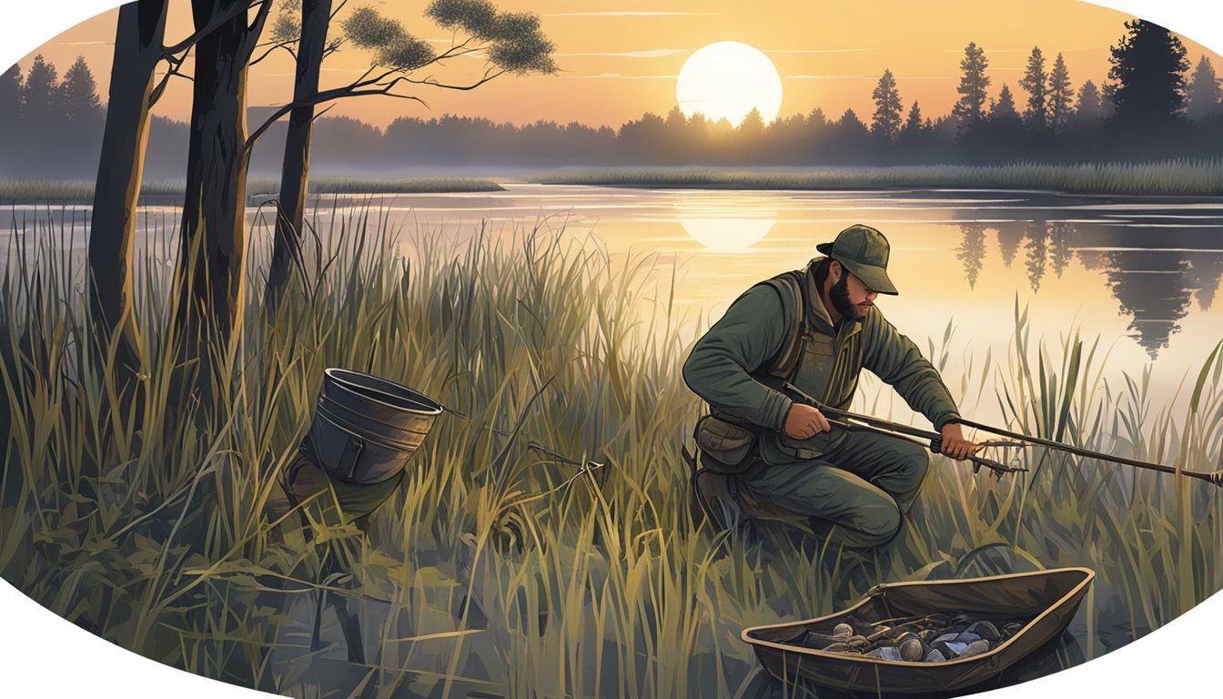 A hunter setting up traps and bait along a marshy riverbank at dawn