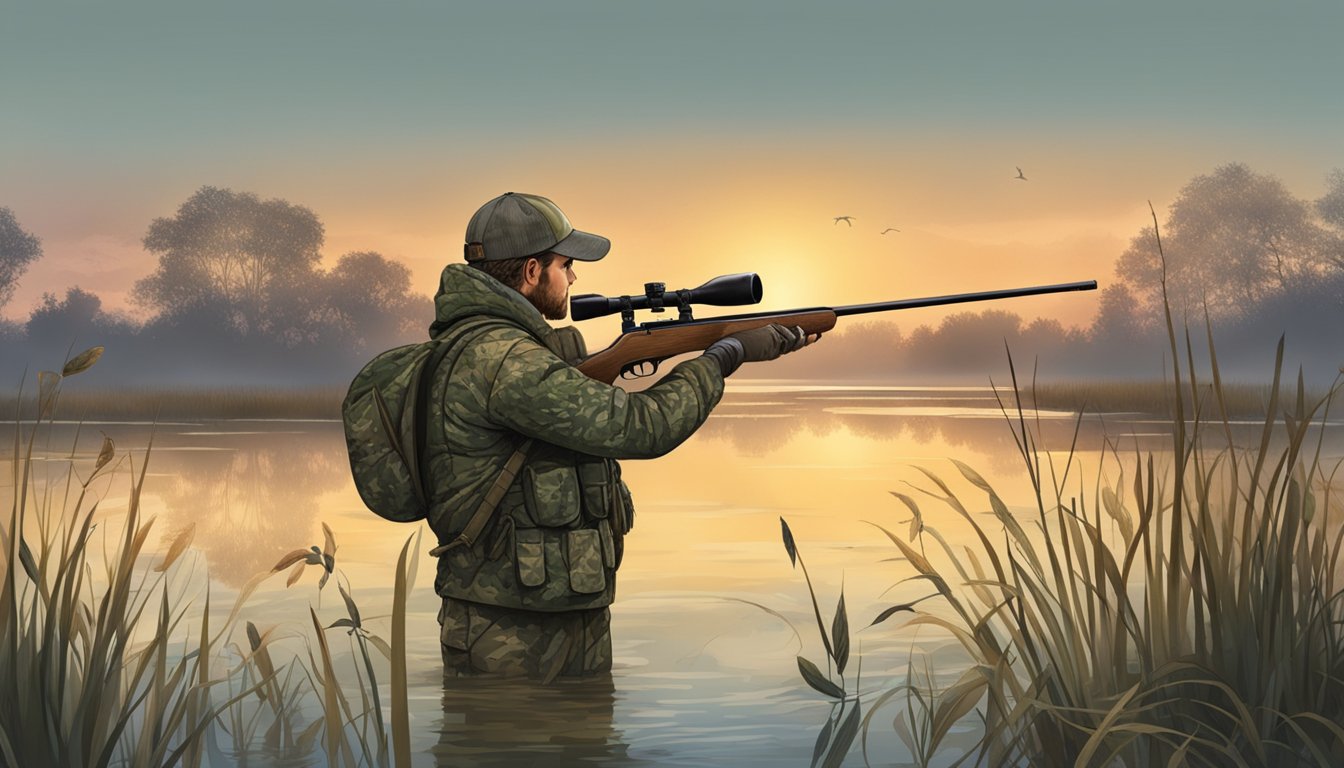 A hunter in camouflage aiming at nutria in a wetland at dawn