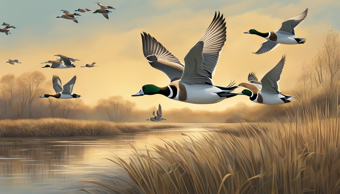 A group of pintail ducks flying over a marsh with hunters in the distance, carrying their bag limits