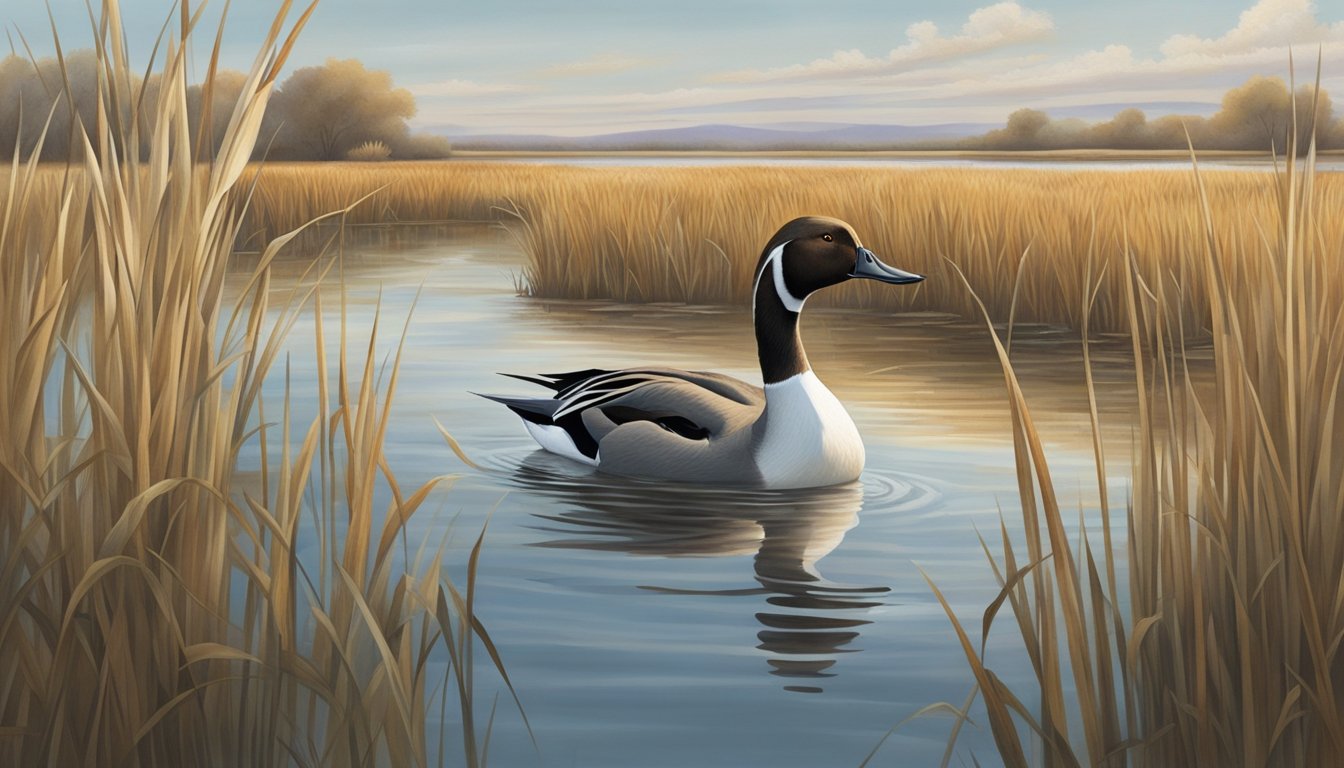 A lone pintail duck glides gracefully over a serene marsh, while a hunter crouches in the reeds, patiently awaiting the perfect moment to strike