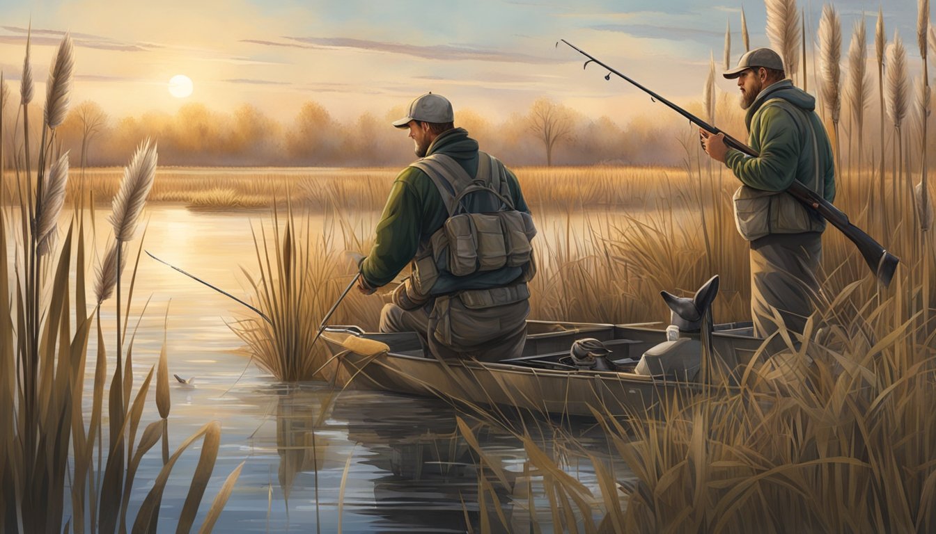 A group of hunters gather at a wetland, surrounded by tall grass and cattails. They are setting up decoys and blinds, preparing for the pintail hunting season