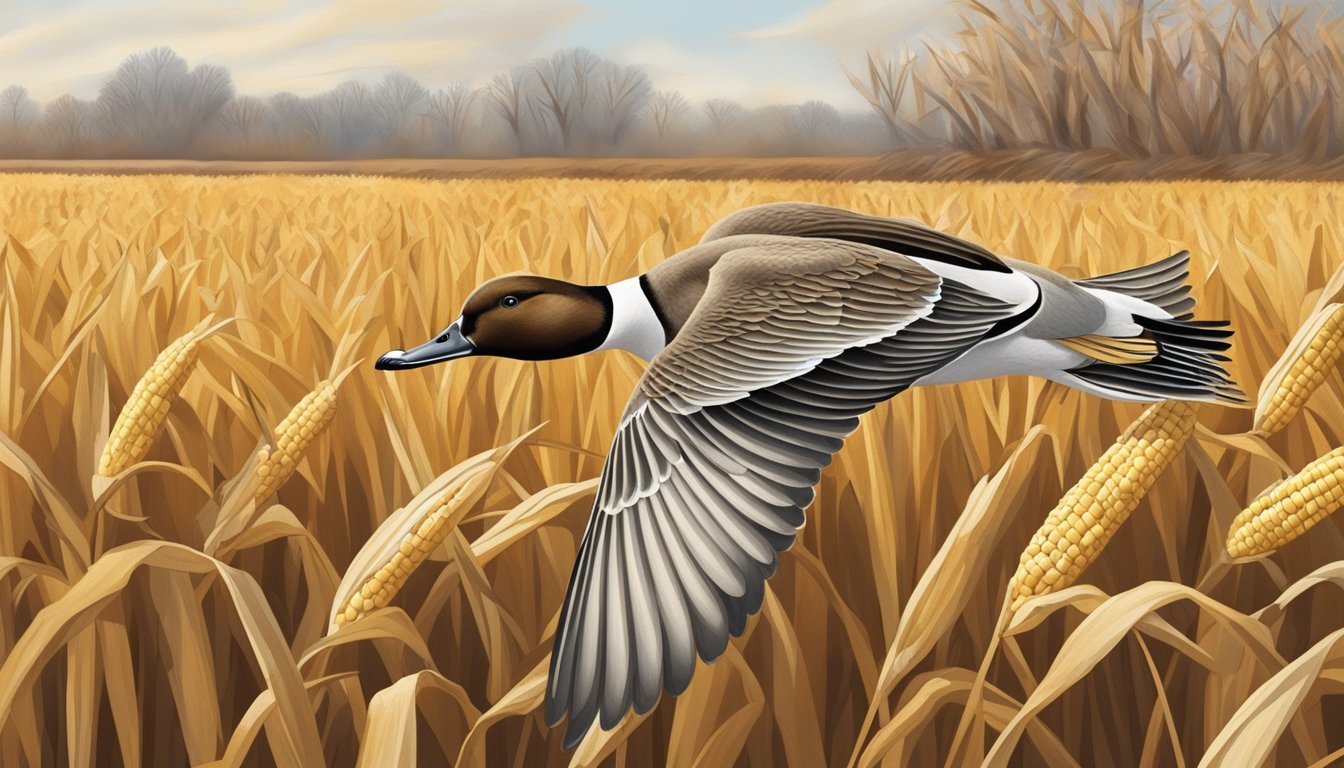 A pintail duck flies over a harvested cornfield, with a hunter hidden in a blind nearby