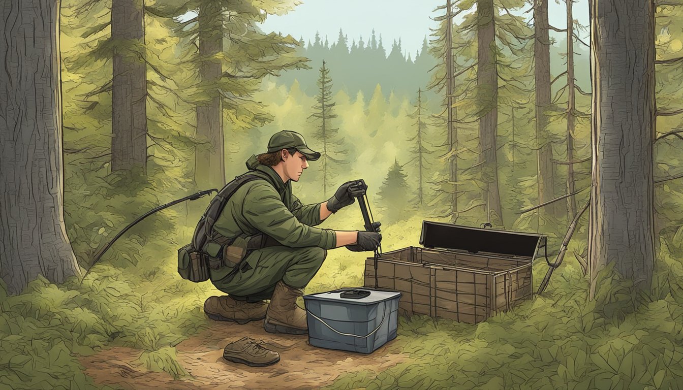 A hunter setting up a trap in the forest during porcupine hunting season