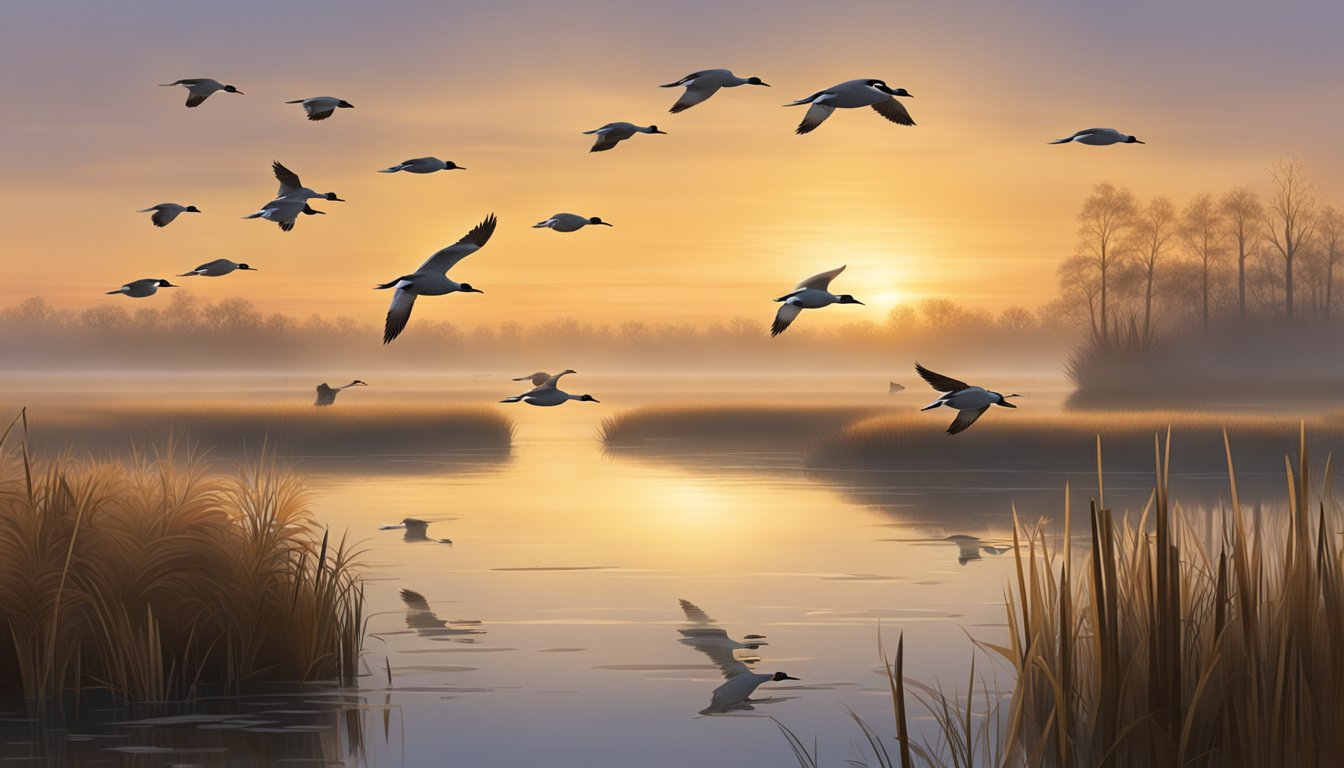 A misty marsh at sunrise, with a flock of pintail ducks taking to the sky as hunters prepare for the upcoming hunting season