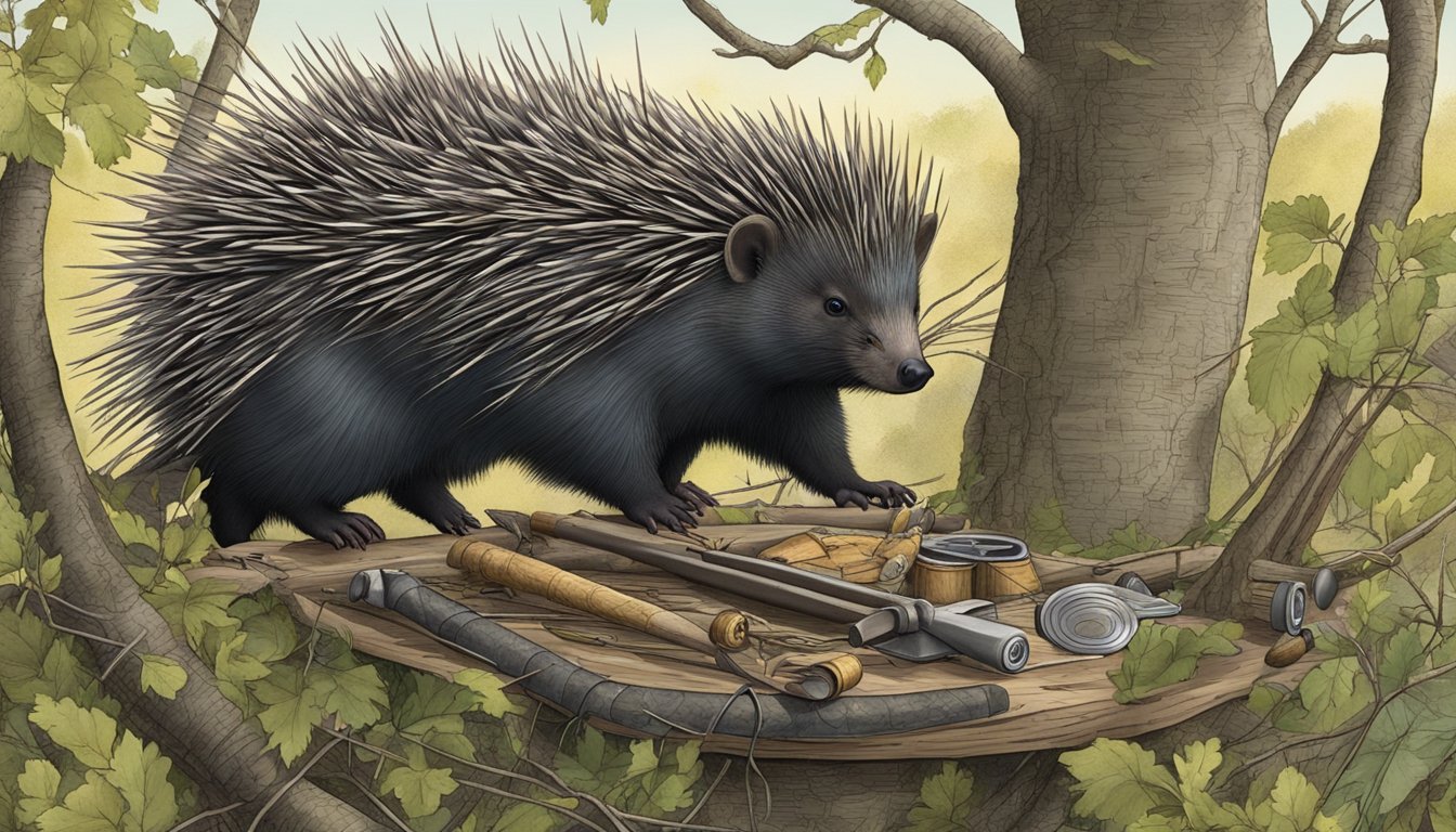 A porcupine perched in a tree, surrounded by foraging tools and a hunter's trap