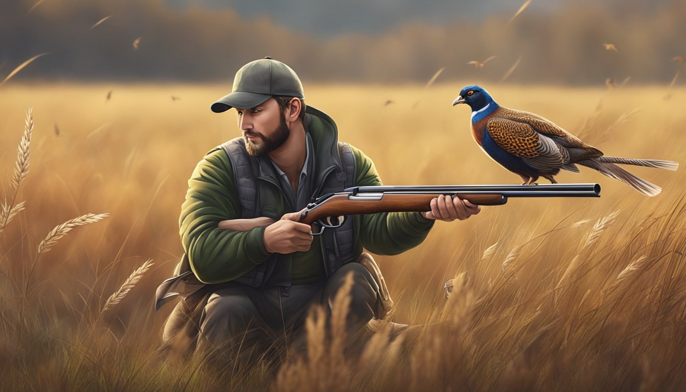 A hunter aiming a shotgun at a pheasant in a grassy field