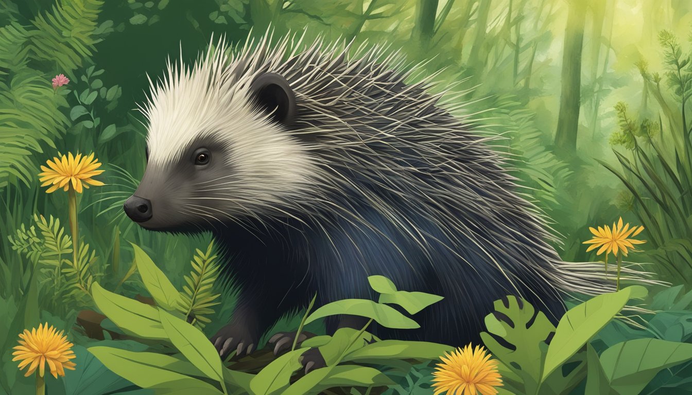 A porcupine cautiously forages in a lush forest, surrounded by diverse flora and fauna, as conservationists monitor its activity