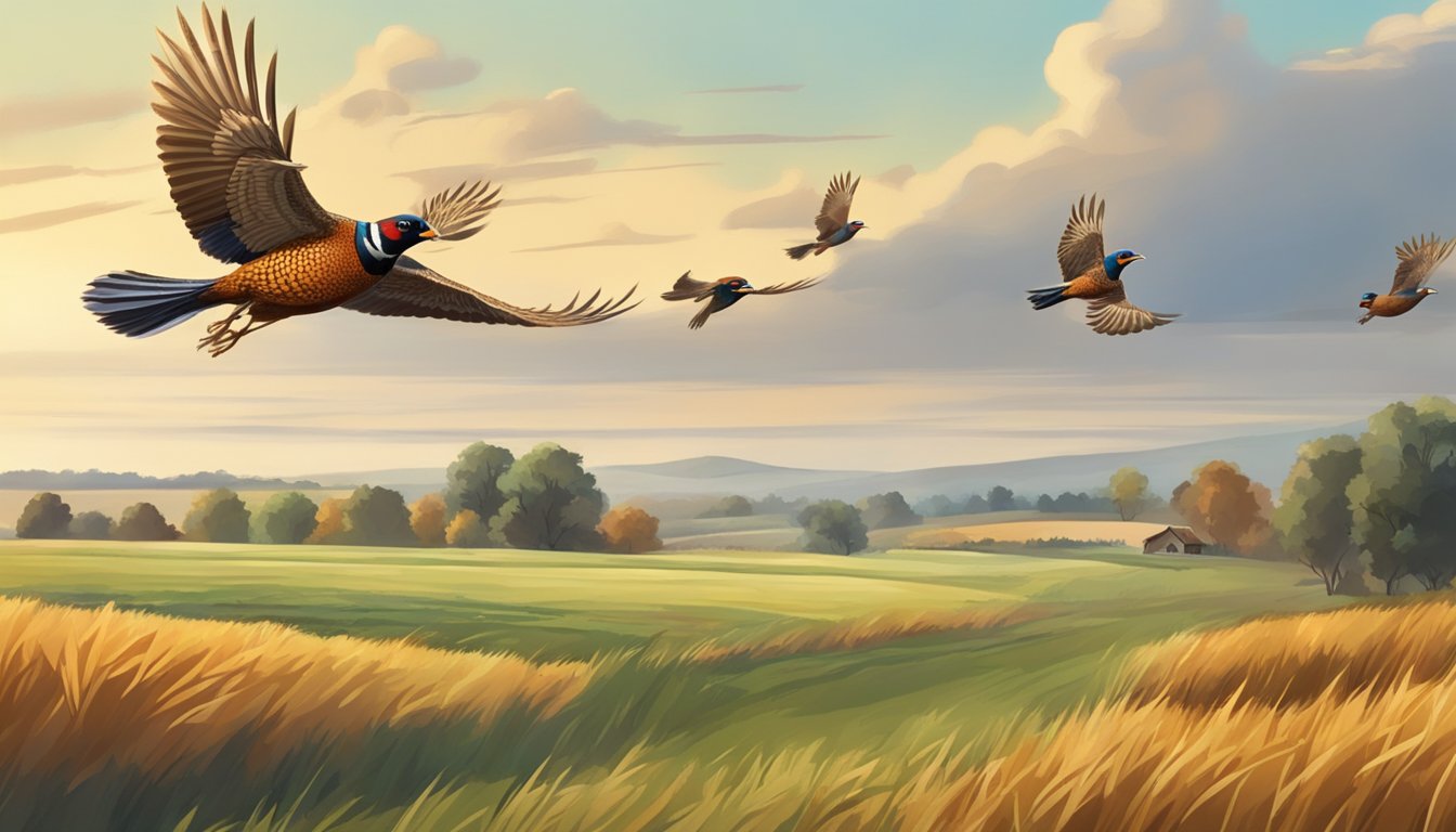 Pheasants flying over a rural landscape with fields and trees during hunting season