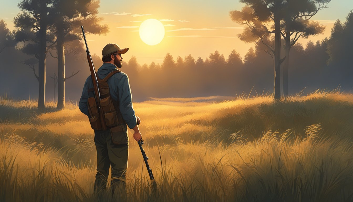 A hunter stands in a field, shotgun in hand, surrounded by tall grass and trees. The sun is low in the sky, casting a warm glow over the landscape