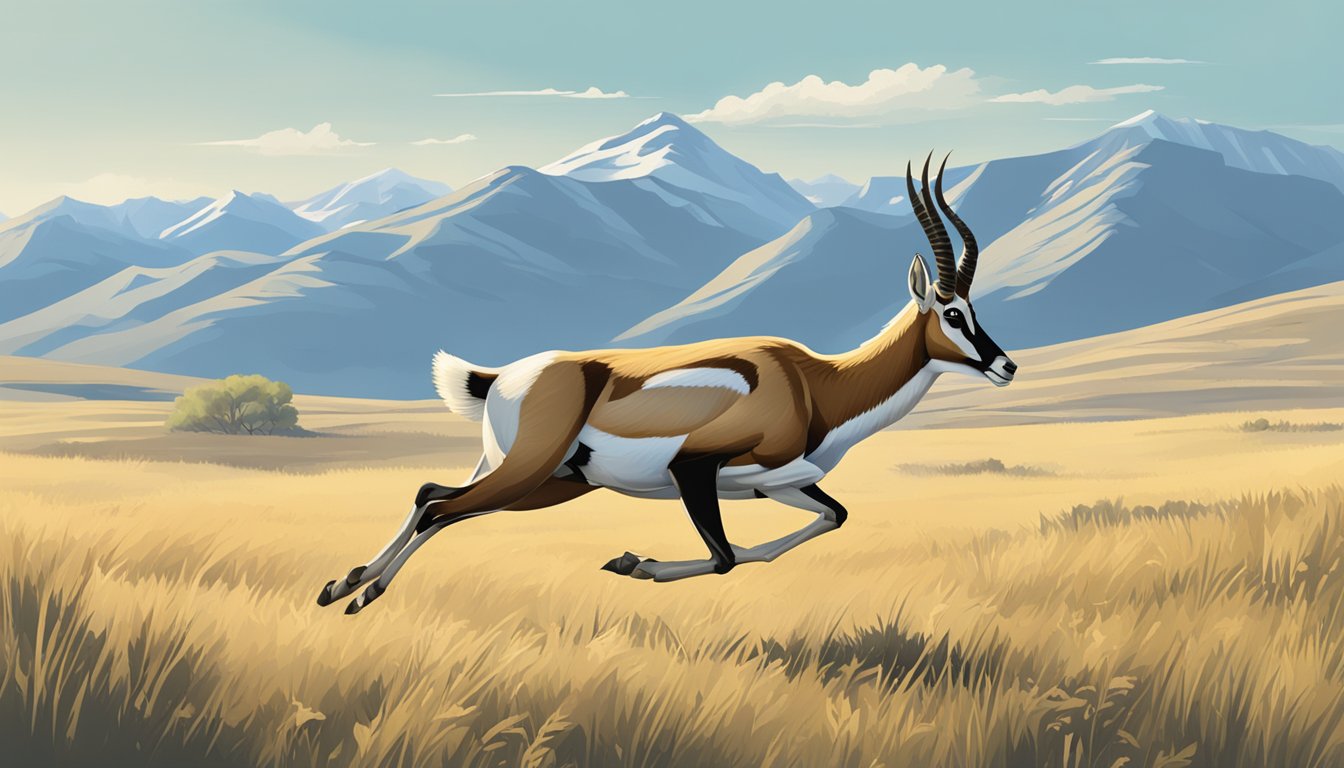 A pronghorn sprinting across an open grassland, with distant mountains in the background and a clear blue sky above