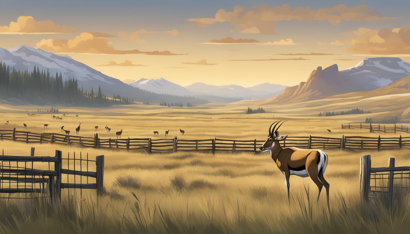 Pronghorn grazing in open grassland, surrounded by fencing and signs indicating hunting season