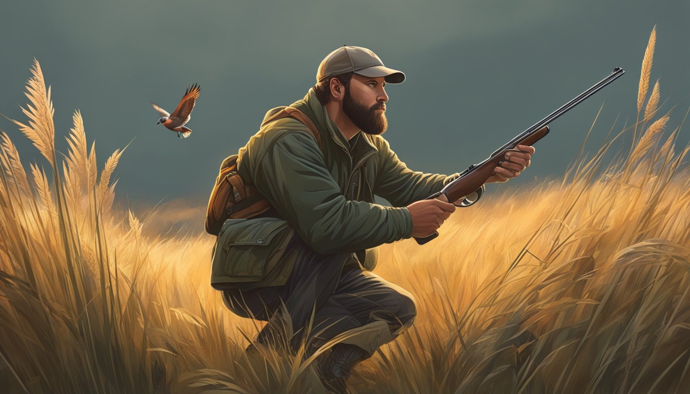 A hunter crouches in a field of tall grass, shotgun at the ready, as a pheasant takes flight in the early morning light