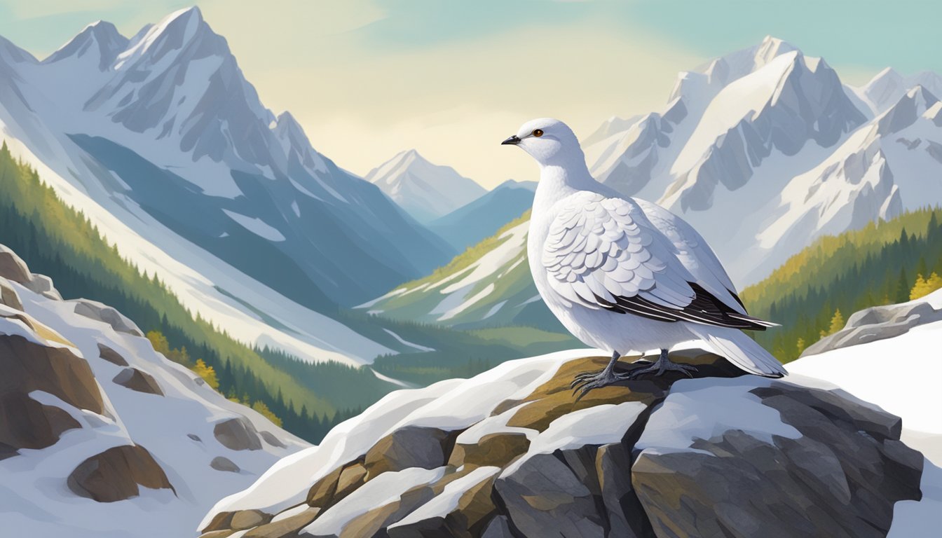 A ptarmigan perched on a rocky outcrop, surrounded by snow-covered mountains and alpine vegetation