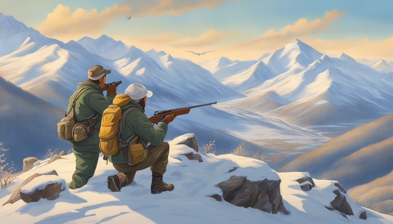 Ptarmigan hunters spread across a snowy mountain range, rifles in hand, scanning the horizon for the elusive birds