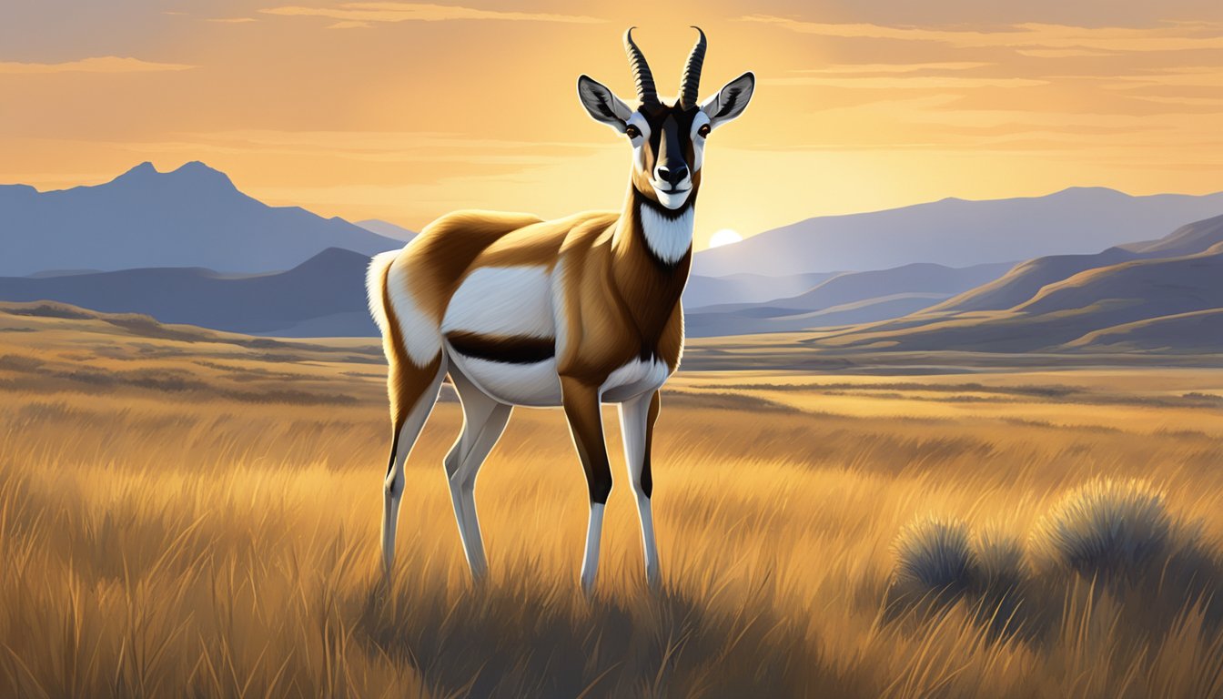 A pronghorn stands alert in a wide open grassland, with the setting sun casting a warm glow over the landscape