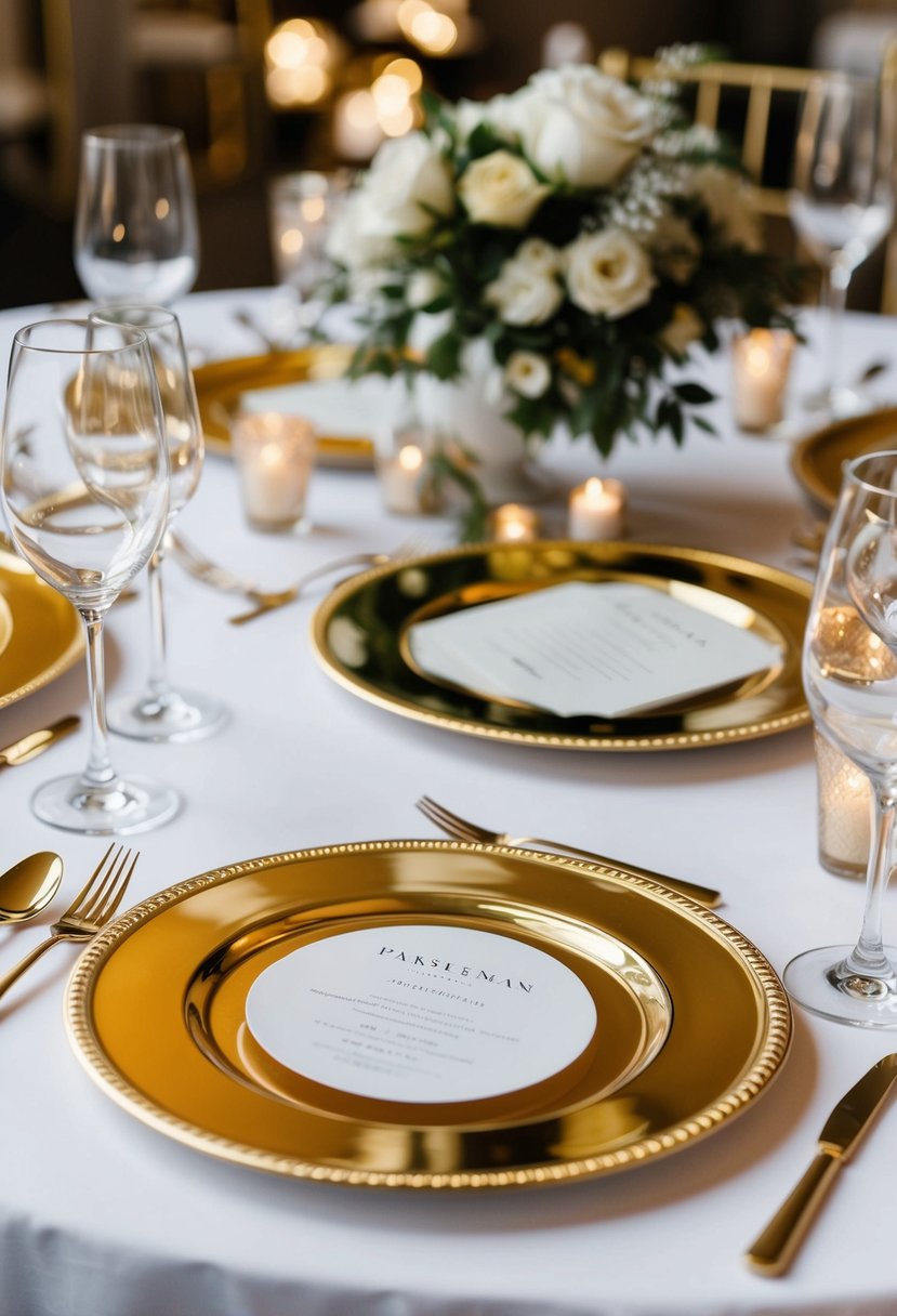 Gold-rimmed charger plates arranged elegantly on a table, surrounded by luxurious wedding decor