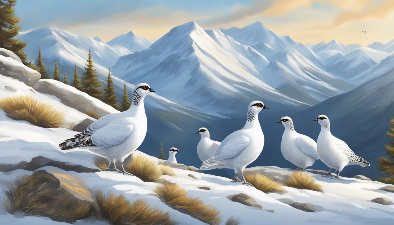 A group of ptarmigans in a snowy mountain landscape, with signs indicating hunting regulations and conservation efforts