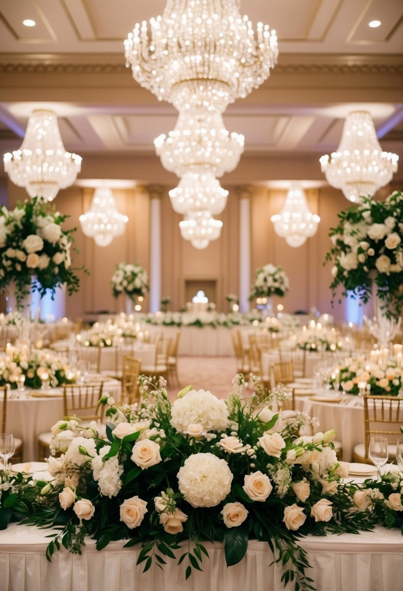 A grand ballroom filled with opulent silk floral arrangements, creating a luxurious and timeless atmosphere for a wedding celebration
