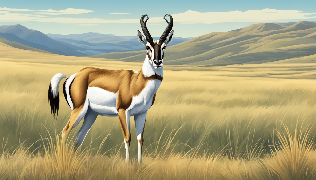 A pronghorn standing in a vast open grassland, with a backdrop of rolling hills and a clear blue sky, ready for hunting