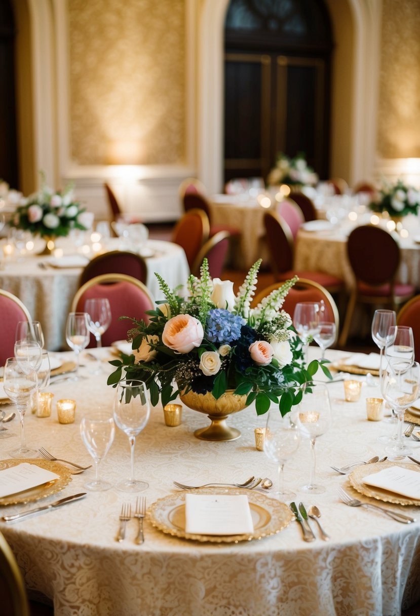 A grand banquet table adorned with vintage lace tablecloths and elegant floral centerpieces