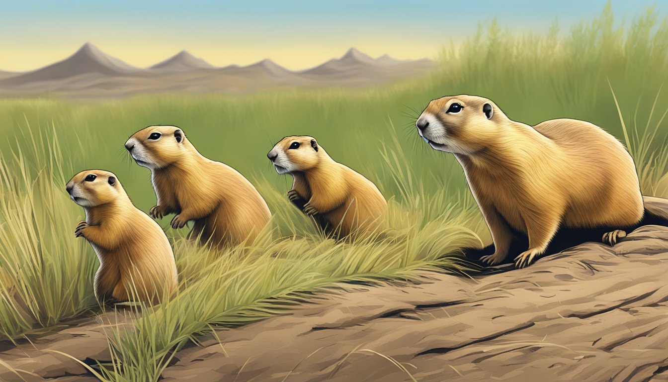 Prairie dogs emerge from their burrows, scanning the grassland for predators during hunting season