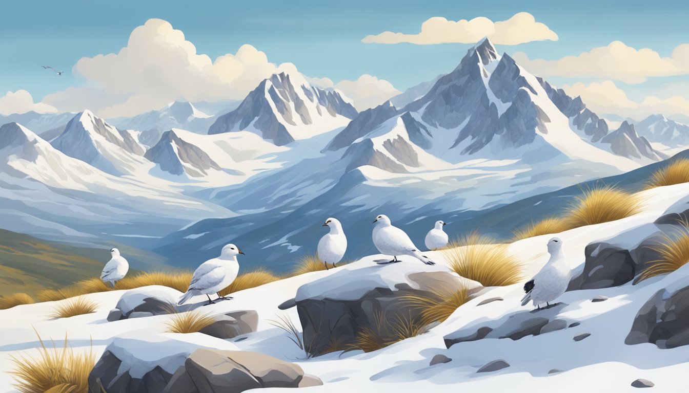 A snowy mountain landscape with a group of ptarmigans blending into the background. Snow-covered rocks and patches of grass surround them