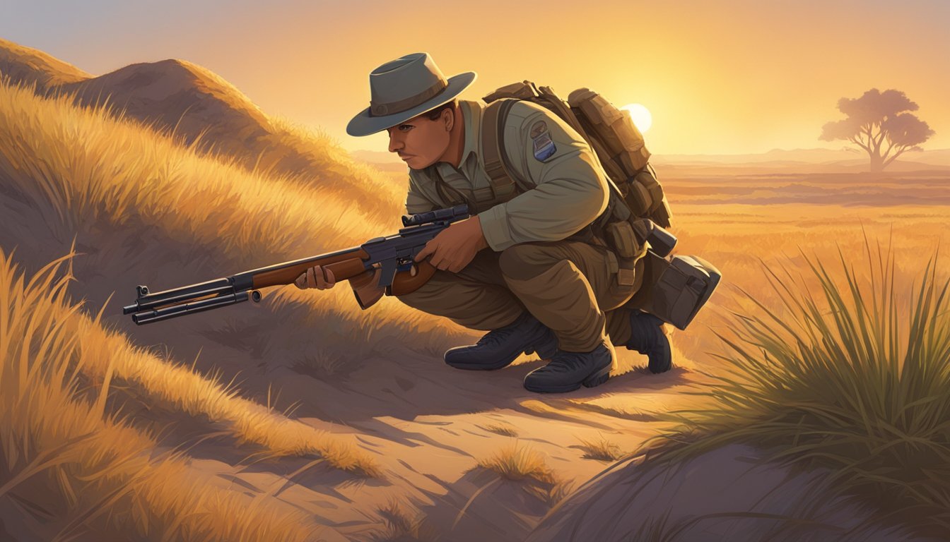 A prairie dog hunter crouches behind a bush, rifle aimed at a burrow. The sun sets over the grassy plains, casting long shadows