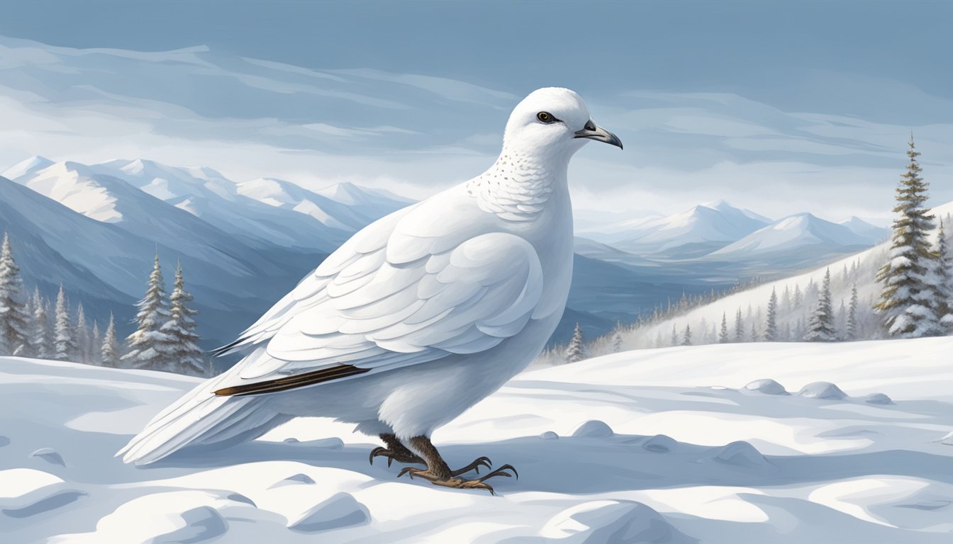 Ptarmigan scattered across a snowy landscape, their white plumage blending in. A lone hunter with a shotgun in hand, scanning the horizon for movement