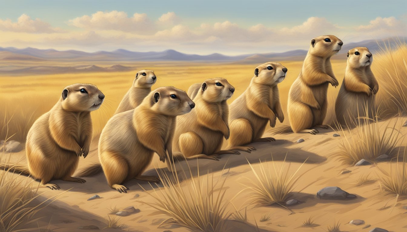 Prairie dogs emerging from burrows, standing alert in the golden grassland, as hunters prepare their rifles in the distance