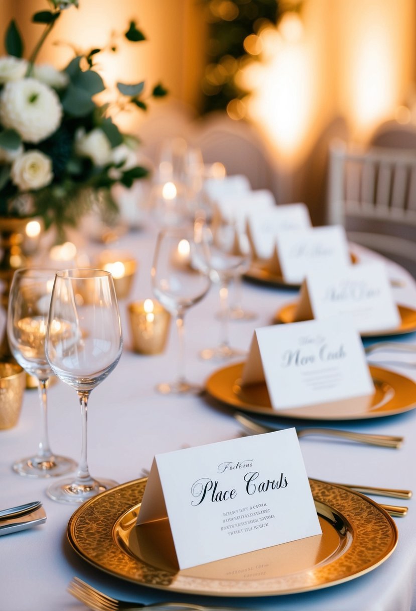 Elegant place cards arranged on a table with luxurious decor