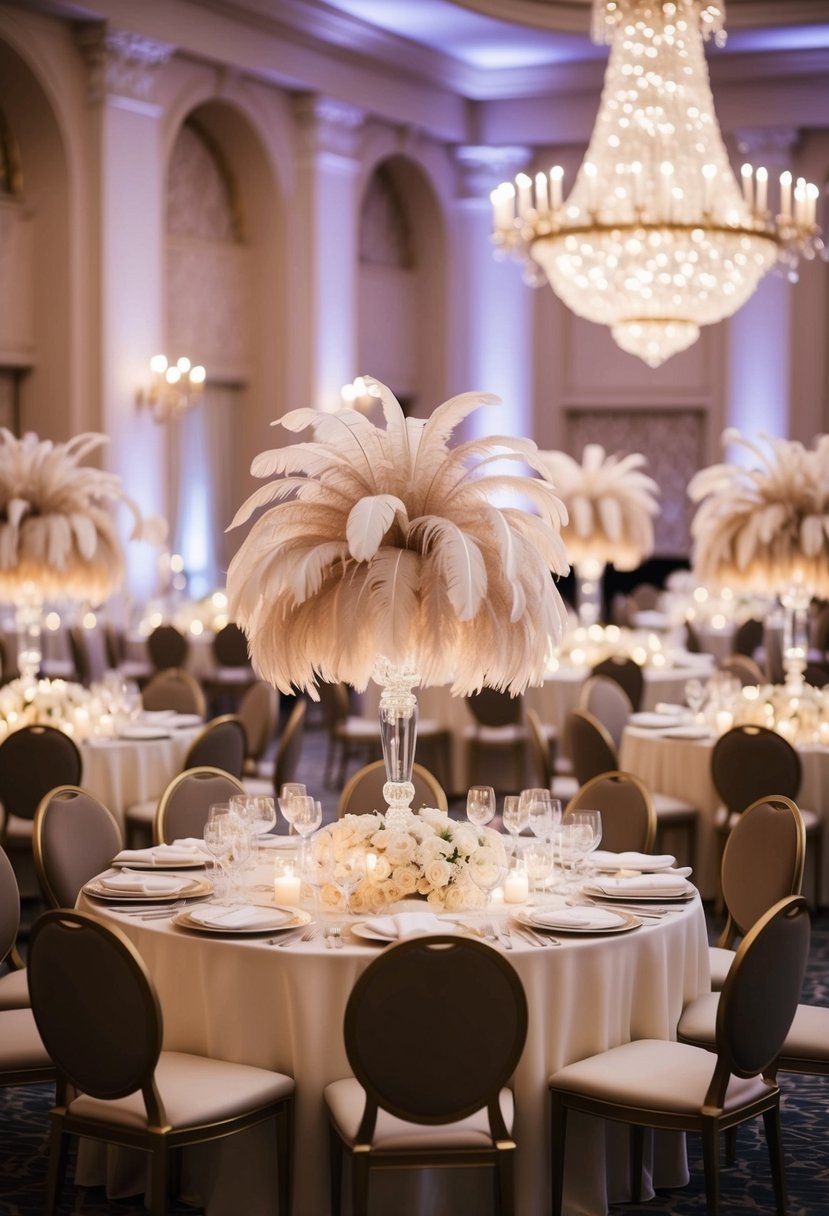A grand ballroom adorned with opulent feather centerpieces, creating a luxurious and timeless ambiance for a wedding celebration