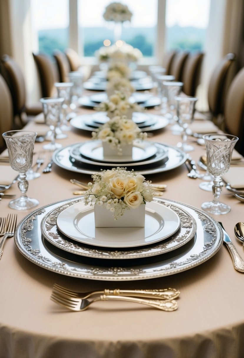 A grand table setting with ornate silverware and elegant decor for a luxurious wedding