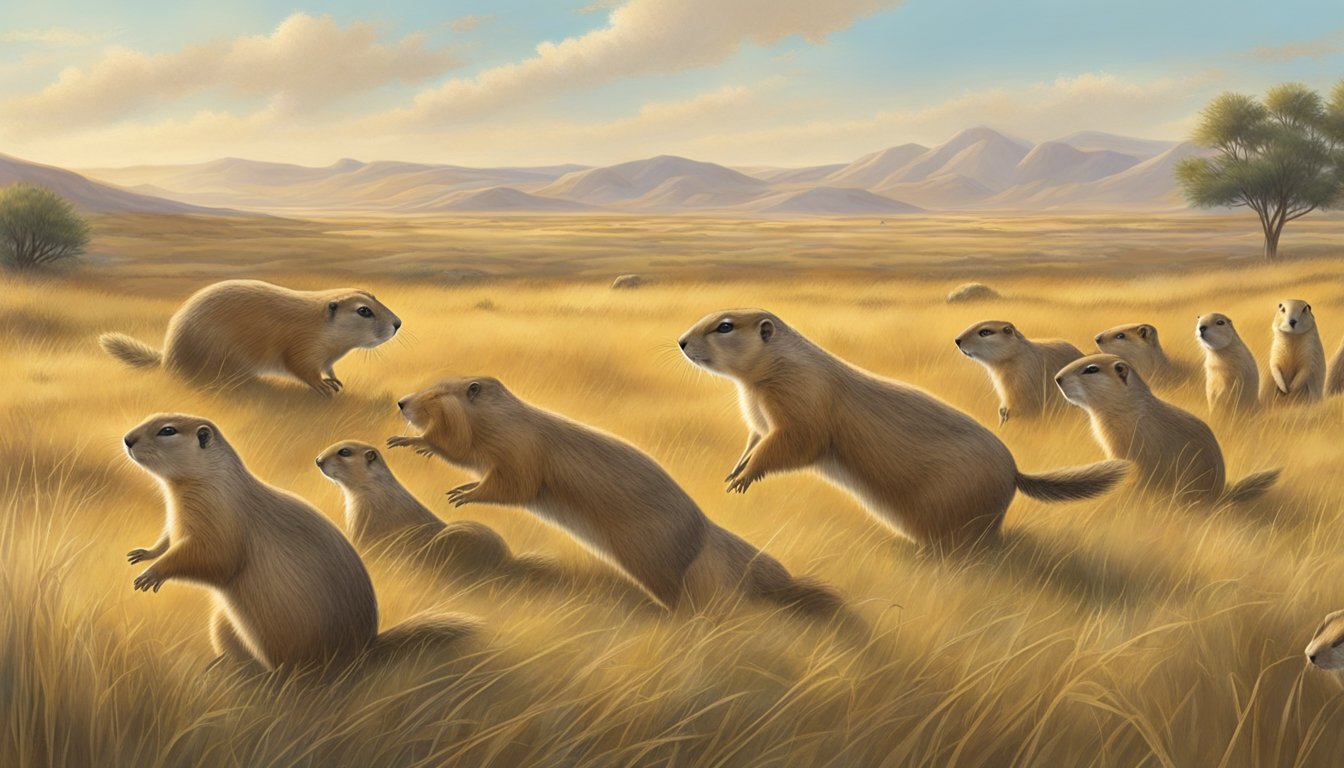 Prairie dogs scattering as predators stalk the open grassland after the hunt