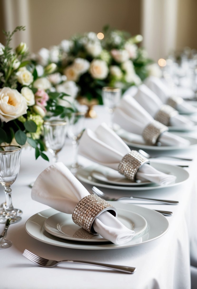 Diamond-studded napkin holders arranged on a pristine white table setting with elegant floral centerpieces