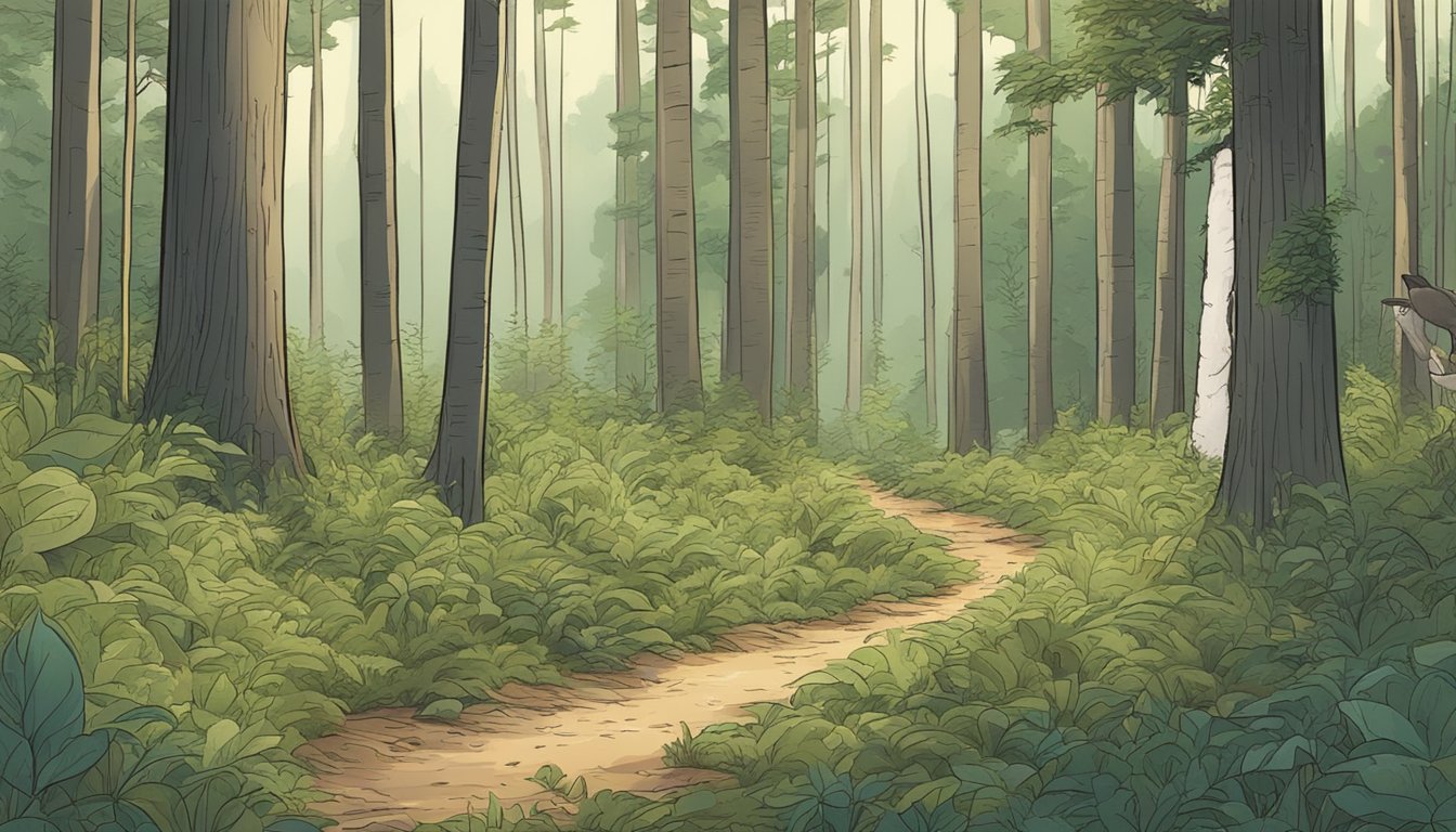 A forest clearing with a signpost, trees, and rabbits hiding in the underbrush