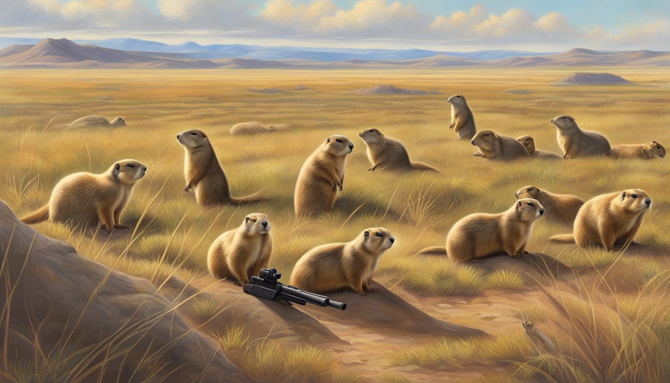 Prairie dogs scatter across the open prairie, their burrows dotting the landscape. Hunters take aim from a distance, rifles poised for the additional hunting opportunities of prairie dog season