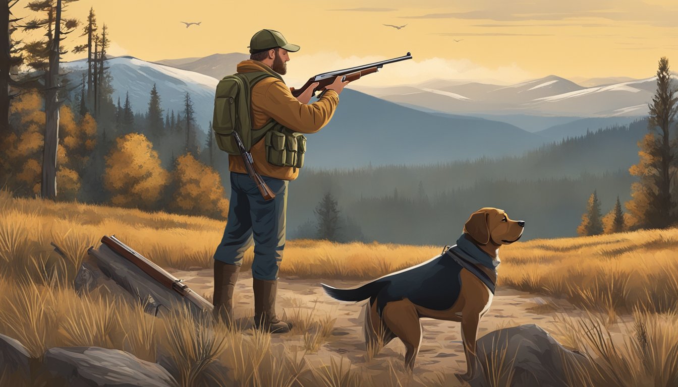 A hunter loading shotgun with ammunition, dog eagerly waiting nearby